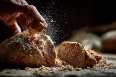 Freshly baked bread on a wooden table with flour. Selective focus.の素材