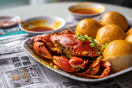Boiled crab served with buns and spicy sauce on the tableの素材