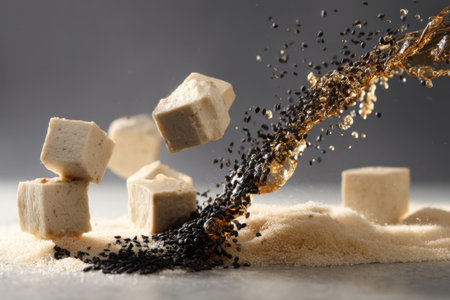 Sugar cubes with black sesame on grey background, closeupの素材