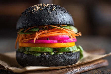 Black burger with fresh vegetables on wooden background. Closeup. Selective focus.の素材