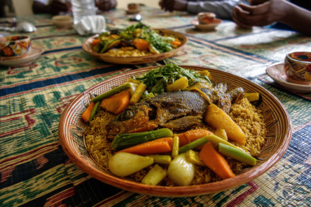 Traditional Malay dish of rice with meat and vegetables in a plateの素材