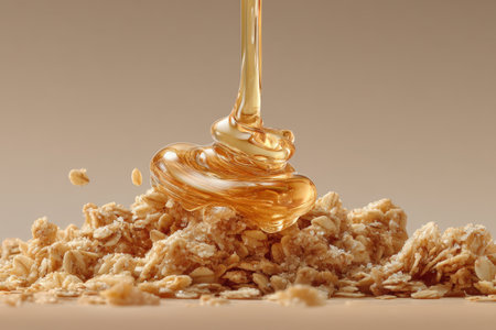 Honey pouring from dipper into oat flakes on color backgroundの素材