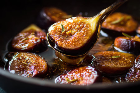 Fresh figs with rosemary and honey in a pan. Selective focus.の素材