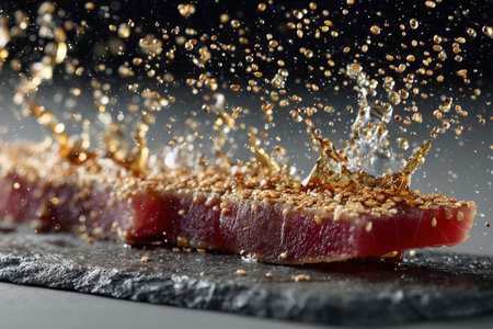 Tuna with splashes of water on a black background, close-upの素材