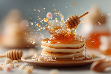 Pancakes with honey and honeycombs on a wooden backgroundの素材