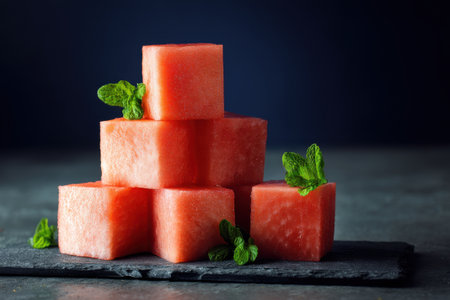 Watermelon slices with mint leaves on dark background. Selective focus.の素材