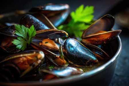 Fresh mussels with parsley in a bowl on a dark backgroundの素材