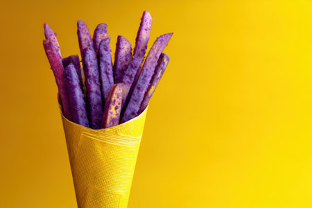 Purple French fries in a yellow basket on a yellow background.の素材