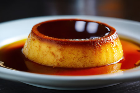 Closeup of a caramel custard pudding on a white plate.の素材