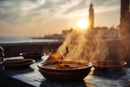 Traditional moroccan sausages on the terrace at sunset.の素材