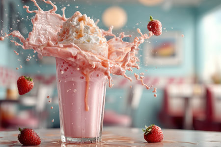 Strawberry milkshake in glass with splash on blurred backgroundの素材