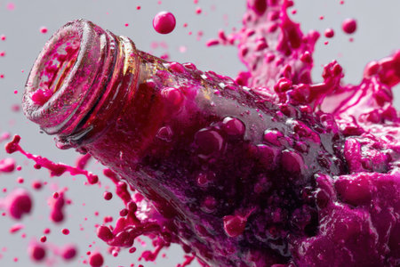 bottle of purple wine with splashes on a gray background.の素材
