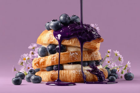 Tasty croissants with blueberry jam and flowers on color backgroundの素材
