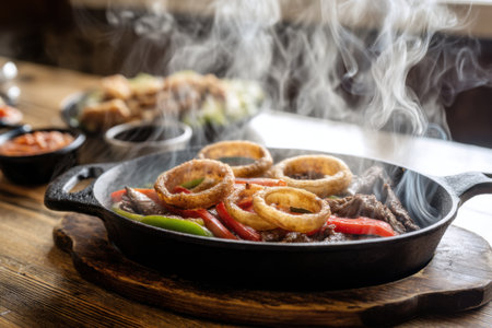 Grilled beef with onion rings and bell pepper on a cast iron skilletの素材