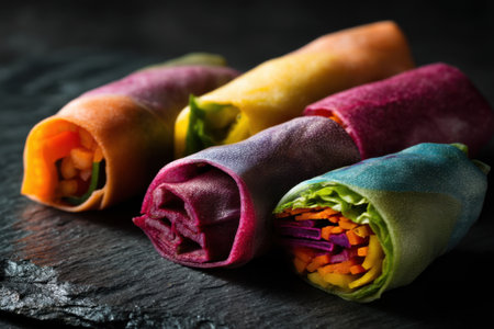 Colorful spring rolls on a dark background. Selective focus.の素材