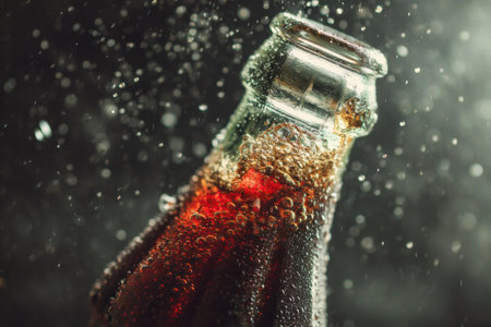 Bottle of cola with drops of water on a dark backgroundの素材