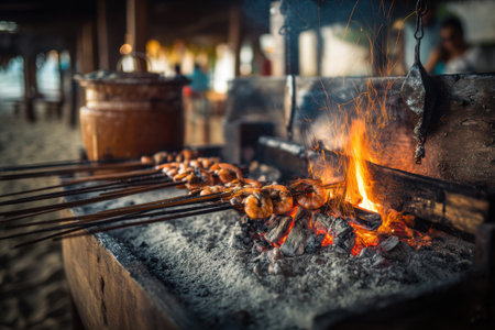 Grilled chicken on the fire, Thai street food in Thailand.の素材