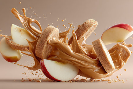 close up of apple and apple slices falling in chocolate syrup on brown backgroundの素材