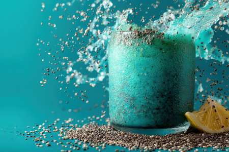 Blue chia seed smoothie with lemon and water splash on blue backgroundの素材