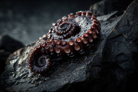 Fresh octopus on the black stone. Close up. Toned.の素材