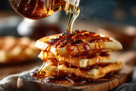 Pouring maple syrup on belgian waffles, closeup viewの素材