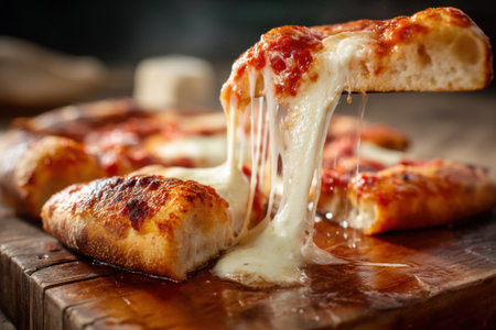 Pizza with mozzarella cheese and tomato sauce on wooden tableの素材