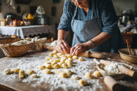 Elderly woman kneading dough for homemade gnocchiの素材
