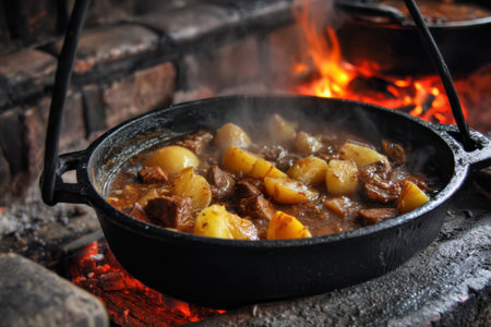 Traditional German beef stroganoff with potatoes in a cauldron on the fireの素材