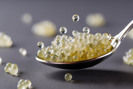 Fish caviar in a spoon on a gray background. Selective focus.の素材