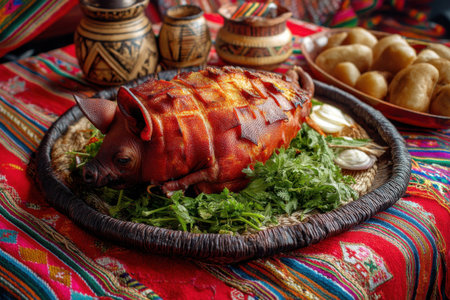 Smoked pig with herbs and cheese in a basket on the tableの素材