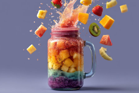 Fruit smoothies in a jar with splashes and flying fruitsの素材