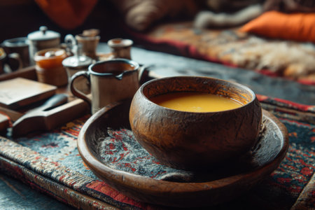 Tea in a wooden cup on an old background. Toned.の素材
