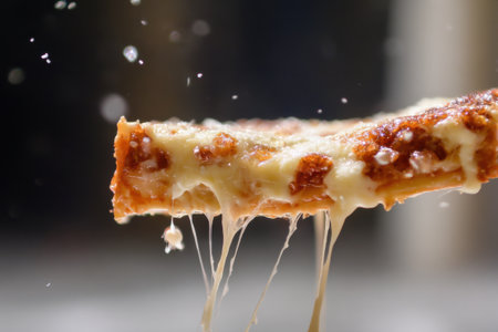 Piece of pizza with melting cheese on a dark background, close-upの素材