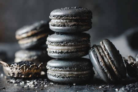 Black and white macarons with poppy seeds on a dark backgroundの素材