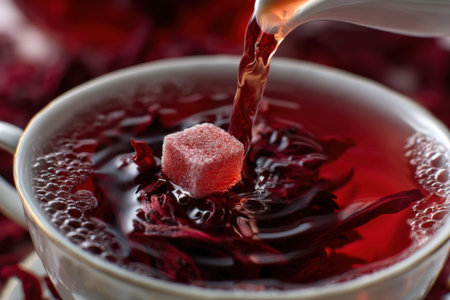 Cup of hibiscus tea with sugar cubes, closeupの素材