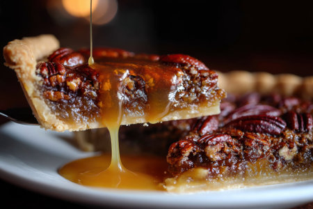 Pecan pie with caramel on white plate. Selective focus.の素材