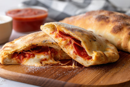 Pizza calzone with mozzarella cheese and tomato sauce on wooden boardの素材