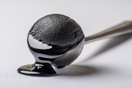 Black ice cream in a spoon on a white background close-upの素材