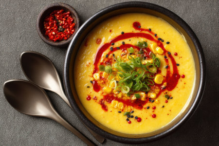 Pumpkin soup with corn, arugula and red pepperの素材