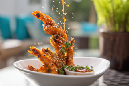 Fried shrimp with sauce and sesame seeds on a white plateの素材