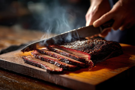 Grilled beef steak on wooden cutting board with a chef's handの素材