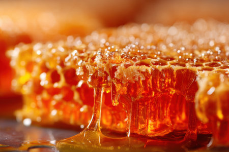 Honeycombs with honey on a wooden table close-upの素材