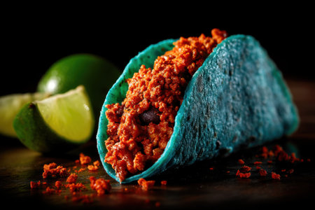 Mexican burrito with minced meat and lime on a black backgroundの素材