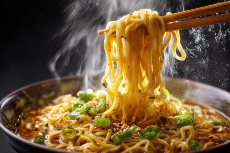 Noodles with chopsticks in a bowl on a black backgroundの素材