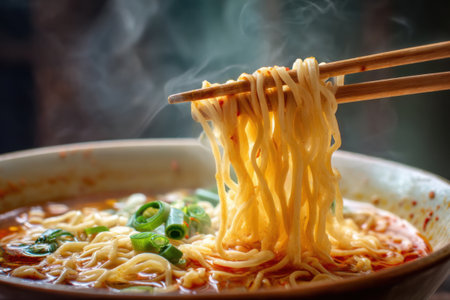 chinese noodle in a bowl with chopsticks on wooden tableの素材