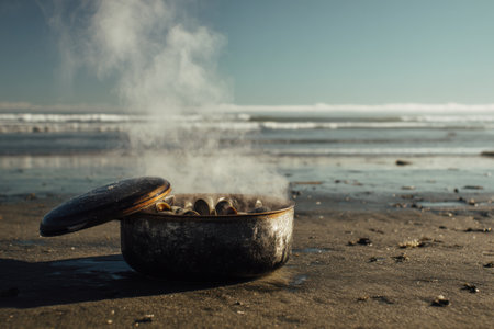 A pan of mussels on the beach with steam coming out of itの素材