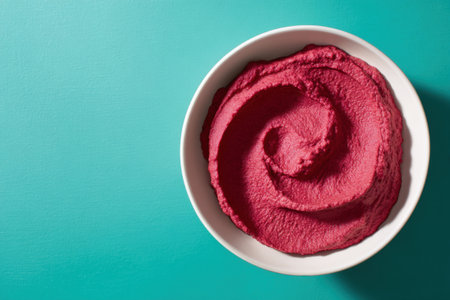 Homemade beet hummus in a white bowl on a blue backgroundの素材