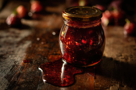strawberry jam in a glass jar on a dark wooden backgroundの素材