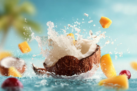 Coconut with splashes of water on a blue background.の素材
