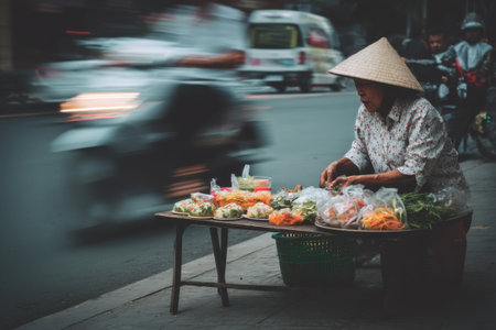 Vietnamese woman selling fruits and vegetables on the street in Vietnamの素材